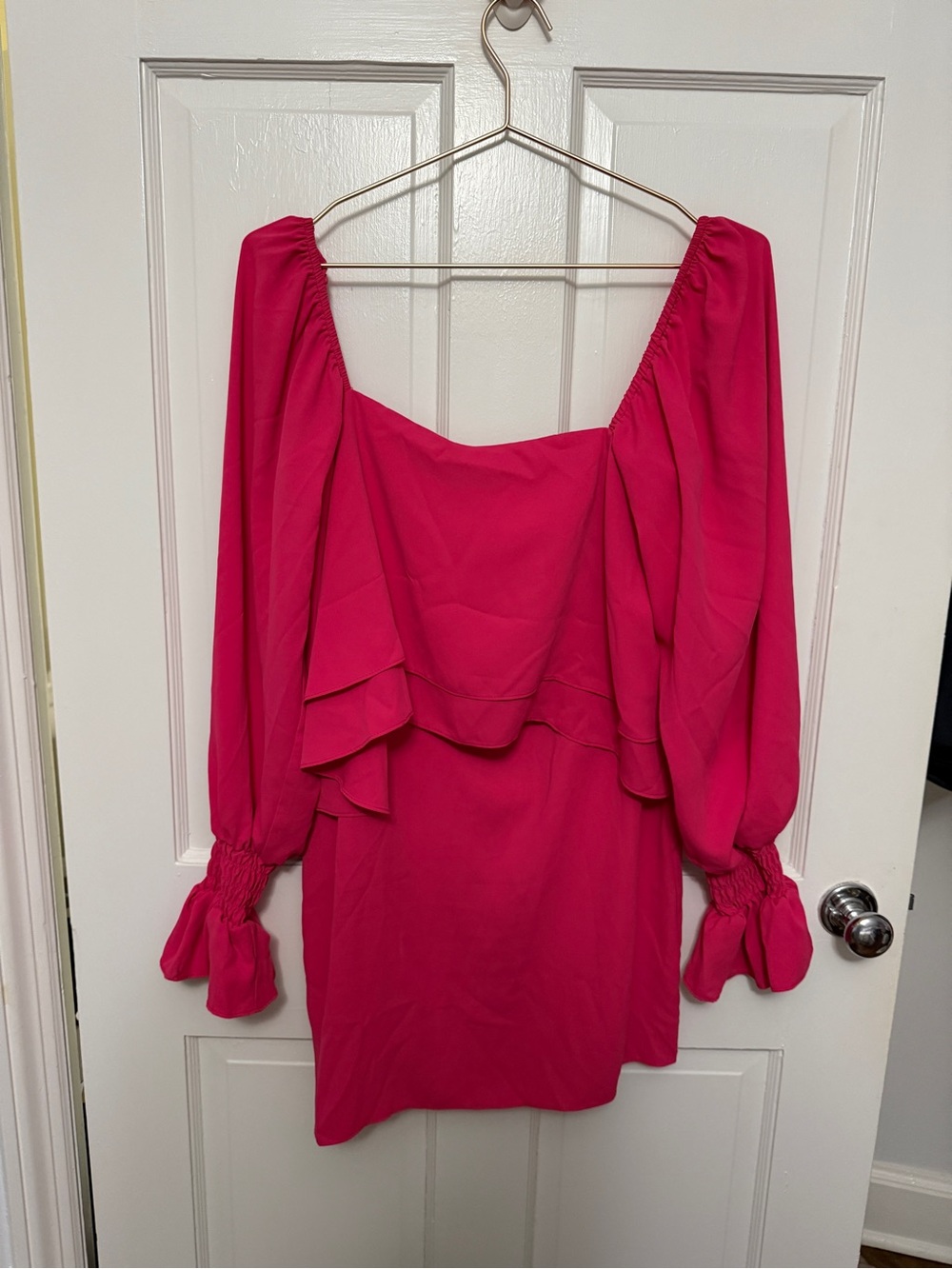Amanda Uprichard Hot Pink Off-Shoulder Ruffle Long Sleeve Dress